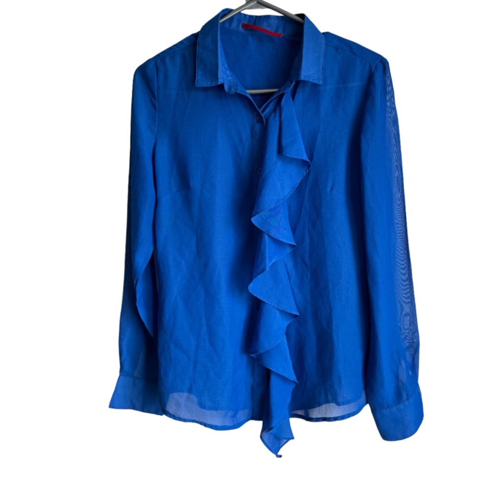 Chantal Paris Royal Blue Small Sheer Ruffled Button Front Long Sleeve